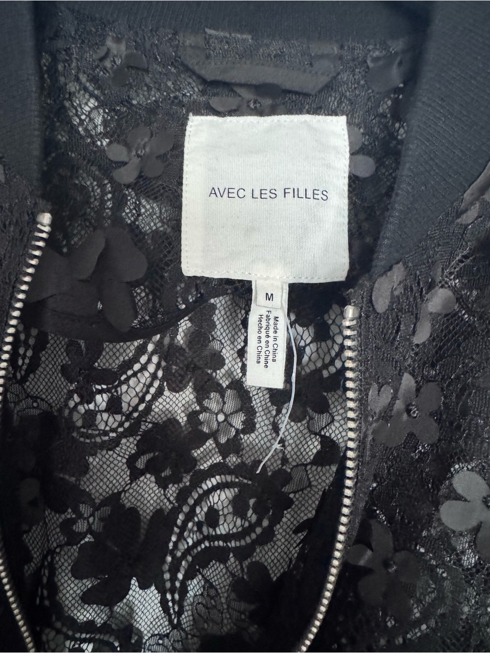 NWT Avec Les Filles Black 3D Floral Appliqué Sheer Bomber Jacket Size M - Picture 7 of 8